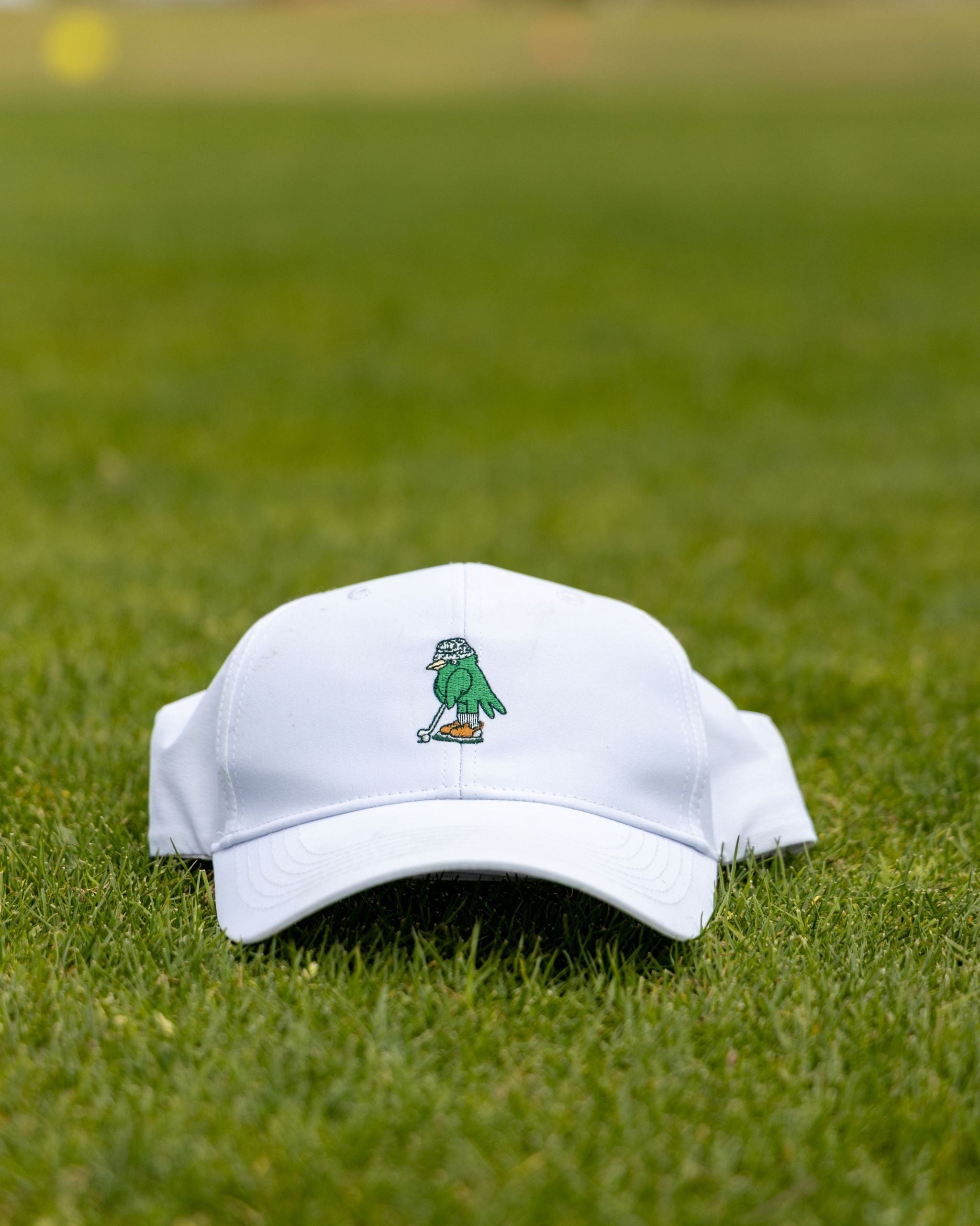 A white baseball cap with a small embroidered green bird logo resting on a green grass field.