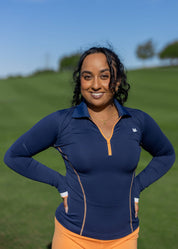 Hirondelle ImPak Long-sleeve polo in Navy front performance golf apparel for women asian athletic build modern