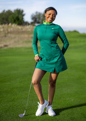 Hirondelle babe dress performance golf dress for women in classic green full size long sleeve with knitted collar and cuffs